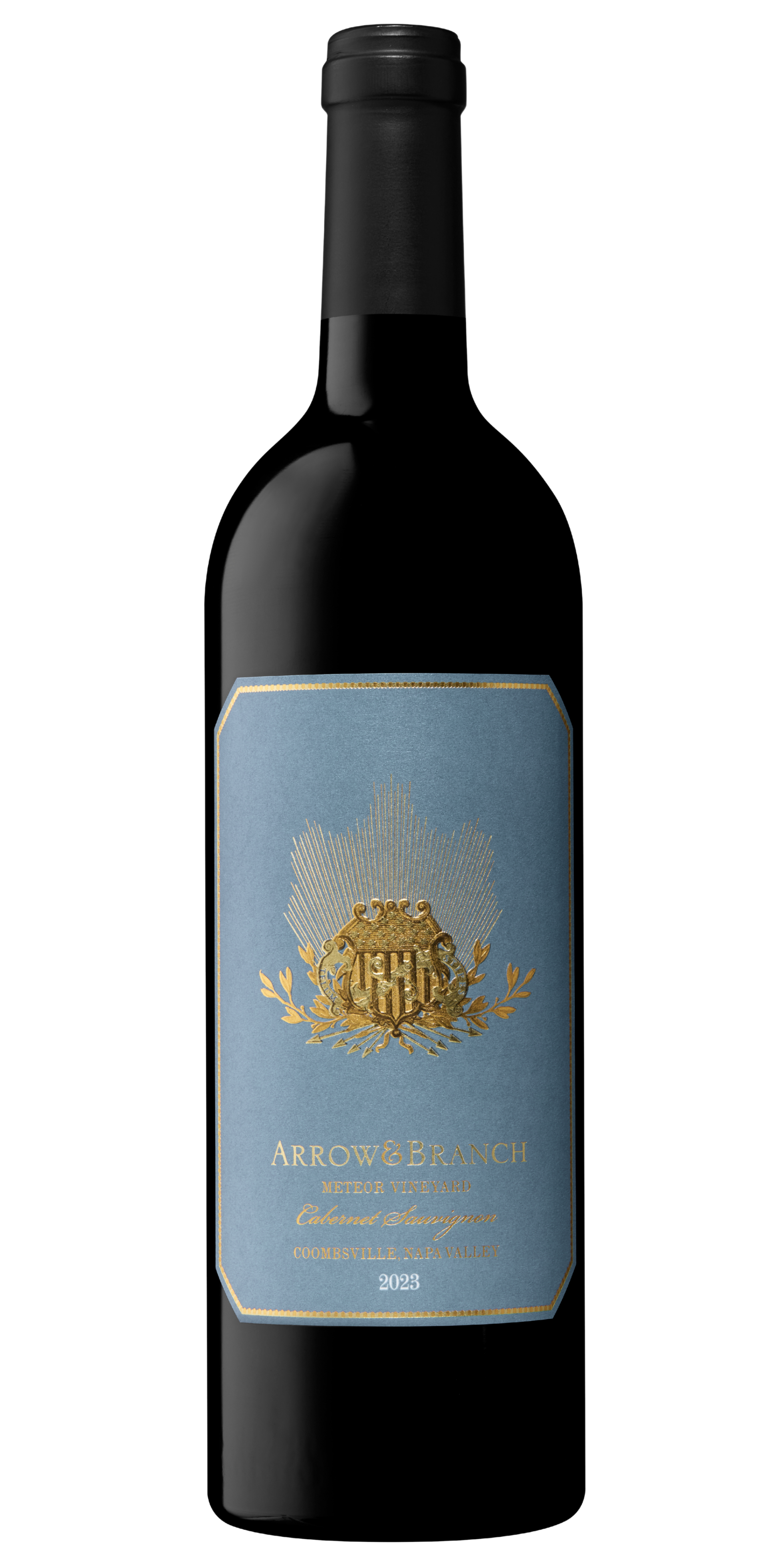 Wine bottle with a blue label on a white background